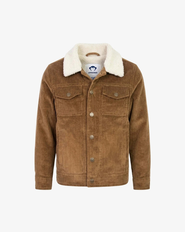 Appaman boys' tan corduroy sherpa collar trucker jacket, front view.