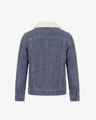 Back view of the Denim Blue Heritage Jacket featuring a sherpa lined collar and structured design.