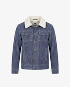 Denim Blue Heritage Jacket featuring a sherpa lining, snap-button closure, and multiple pockets for boys.