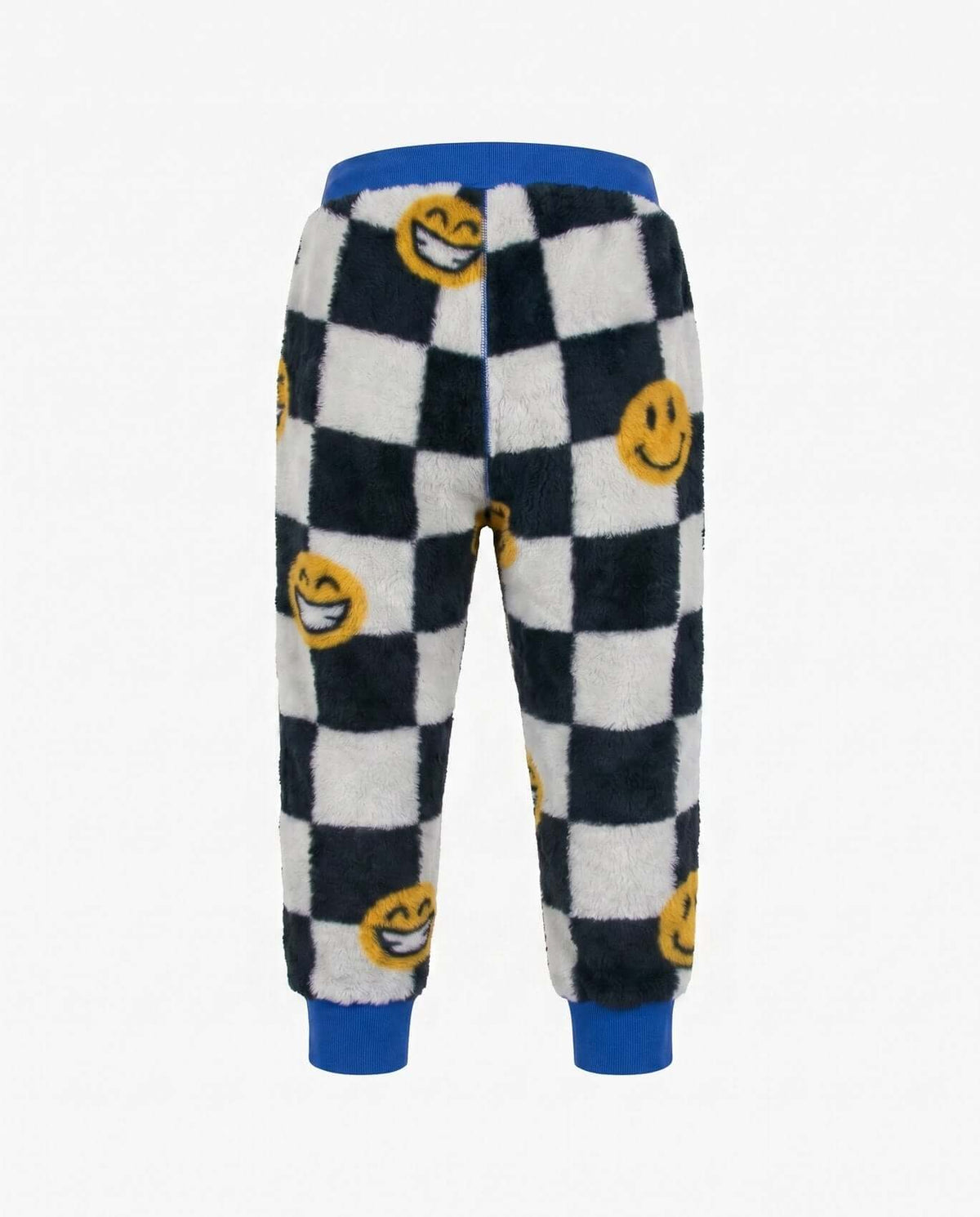 Keep Smiling Check Highland Sweatpants with fun check print and blue waistband for boys.