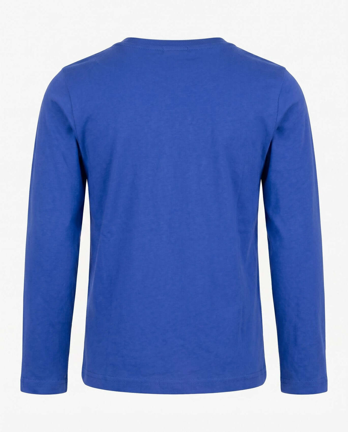 Back view of the Keep Smiling Graphic Long Sleeve Tee in royal blue, designed for comfort and durability for active kids.