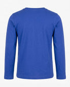 Back view of the Keep Smiling Graphic Long Sleeve Tee in royal blue, designed for comfort and durability for active kids.