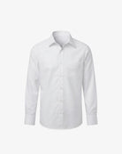 A white long-sleeve button-down shirt with a classic collar and a single chest pocket, displayed on a clean, light gray background.