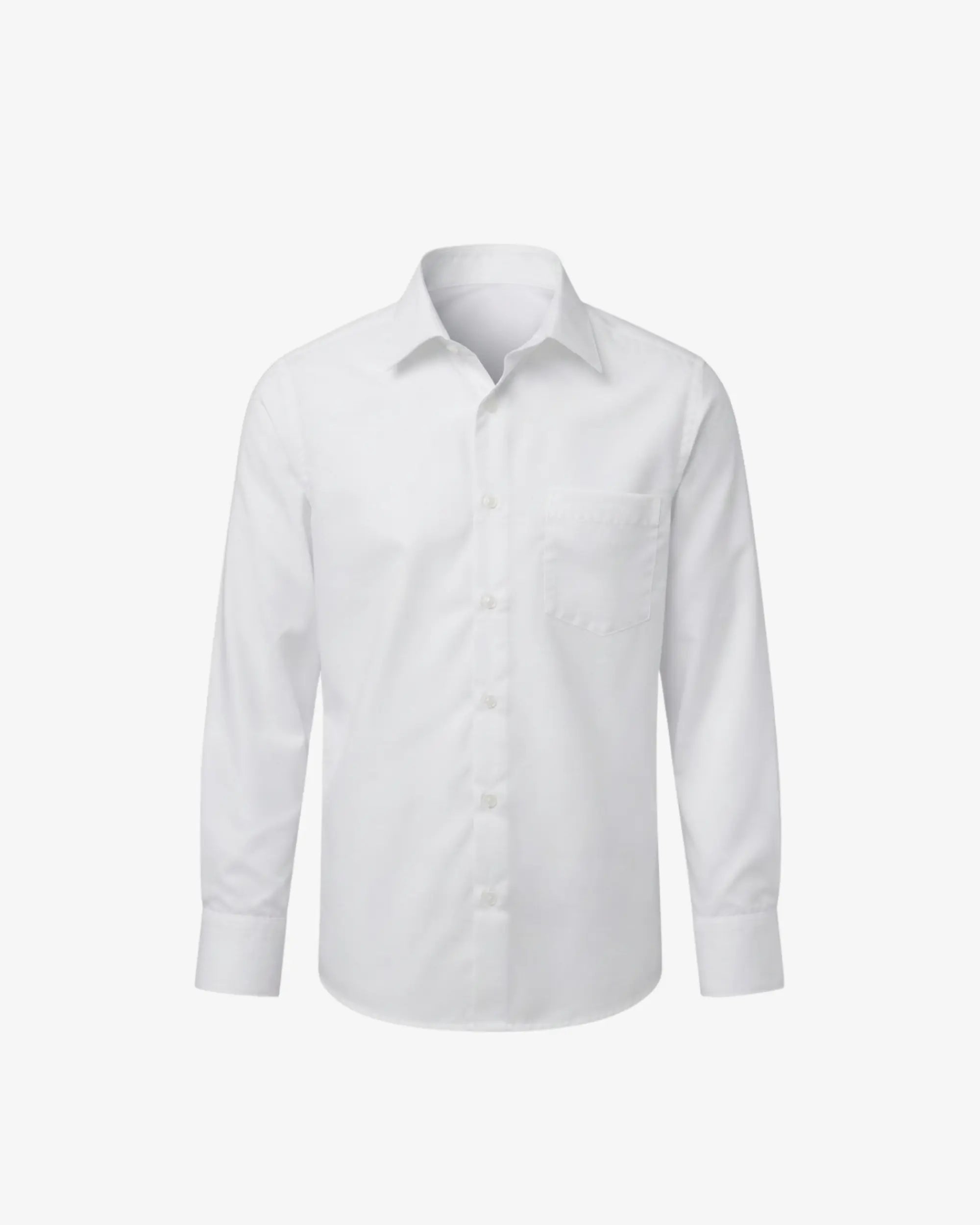 A white long-sleeve button-down shirt with a classic collar and a single chest pocket, displayed on a clean, light gray background.