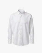 A white long-sleeve button-down dress shirt with a classic collar, displayed on a clean, light gray background.