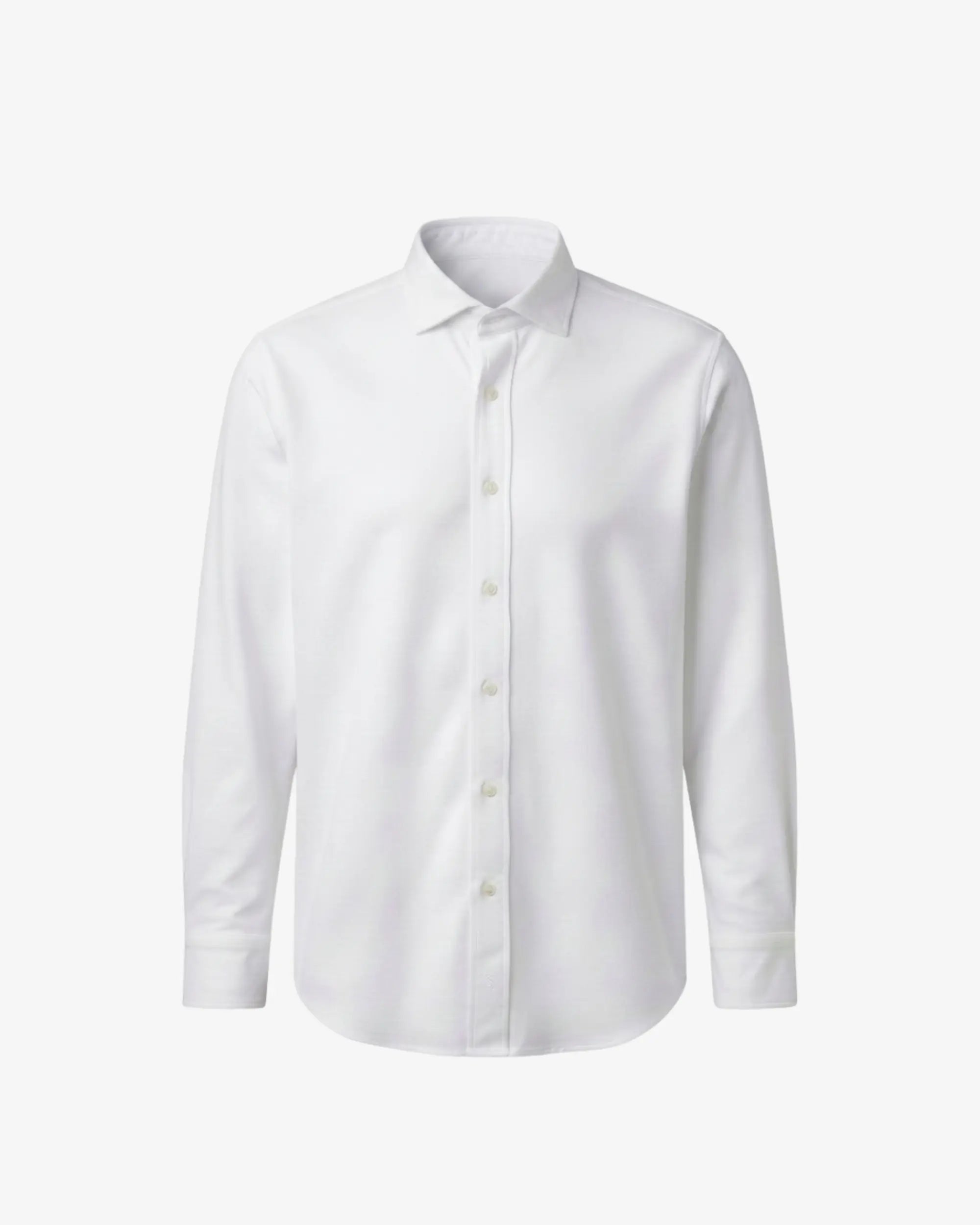 A white long-sleeve button-down dress shirt with a classic collar, displayed on a clean, light gray background.
