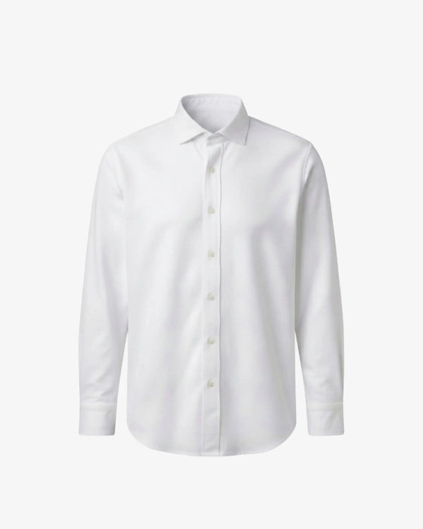 A white long-sleeve button-down dress shirt with a classic collar, displayed on a clean, light gray background.
