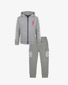 A children's two-piece tracksuit set in heather gray, featuring a zip-up hoodie with a red lightning bolt on the chest, blue zipper trim, and white checkerboard sleeve patterns, paired with matching gray jogger pants with checkerboard cargo pocket details.