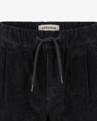 Boys black pleated corduroy pants, waistband detail