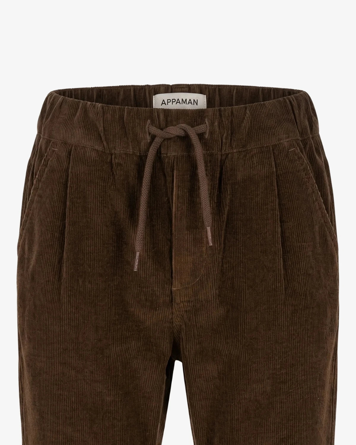 Appaman boys' pleated corduroy pant brown, close-up detail view.