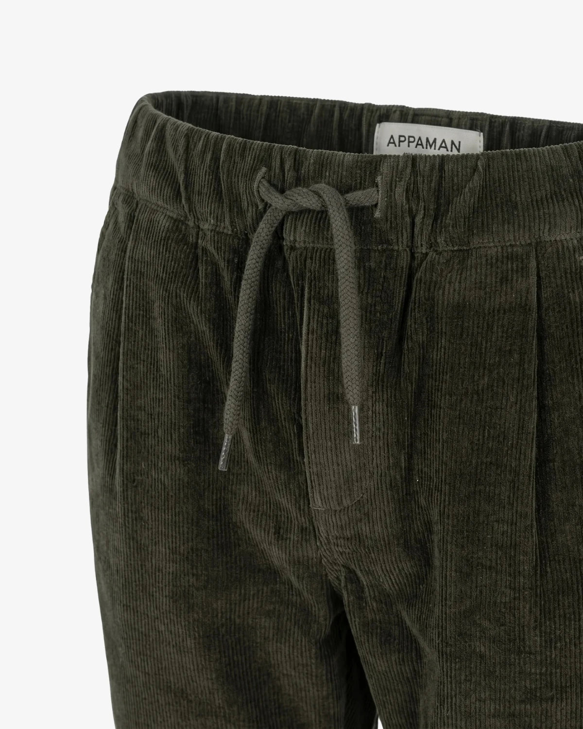 Appaman boys' pleated corduroy pant olive, close-up detail view.