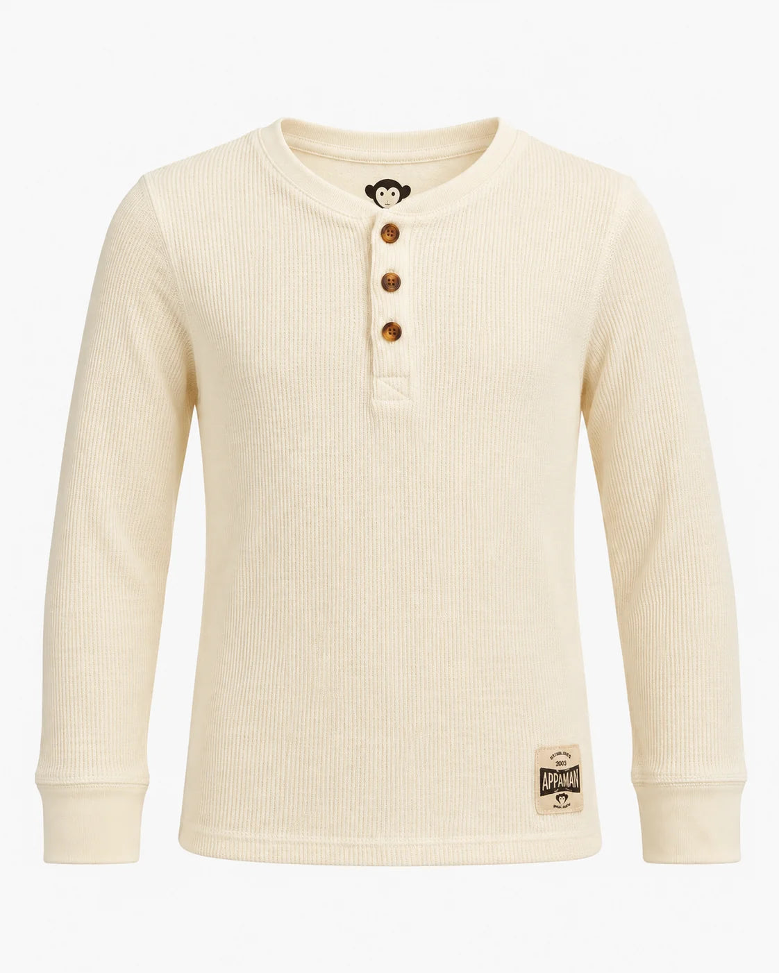 An off-white ribbed long-sleeve henley shirt with three brown buttons, featuring a small monkey logo on the neck and a brand patch on the bottom hem, shown against a plain white background.