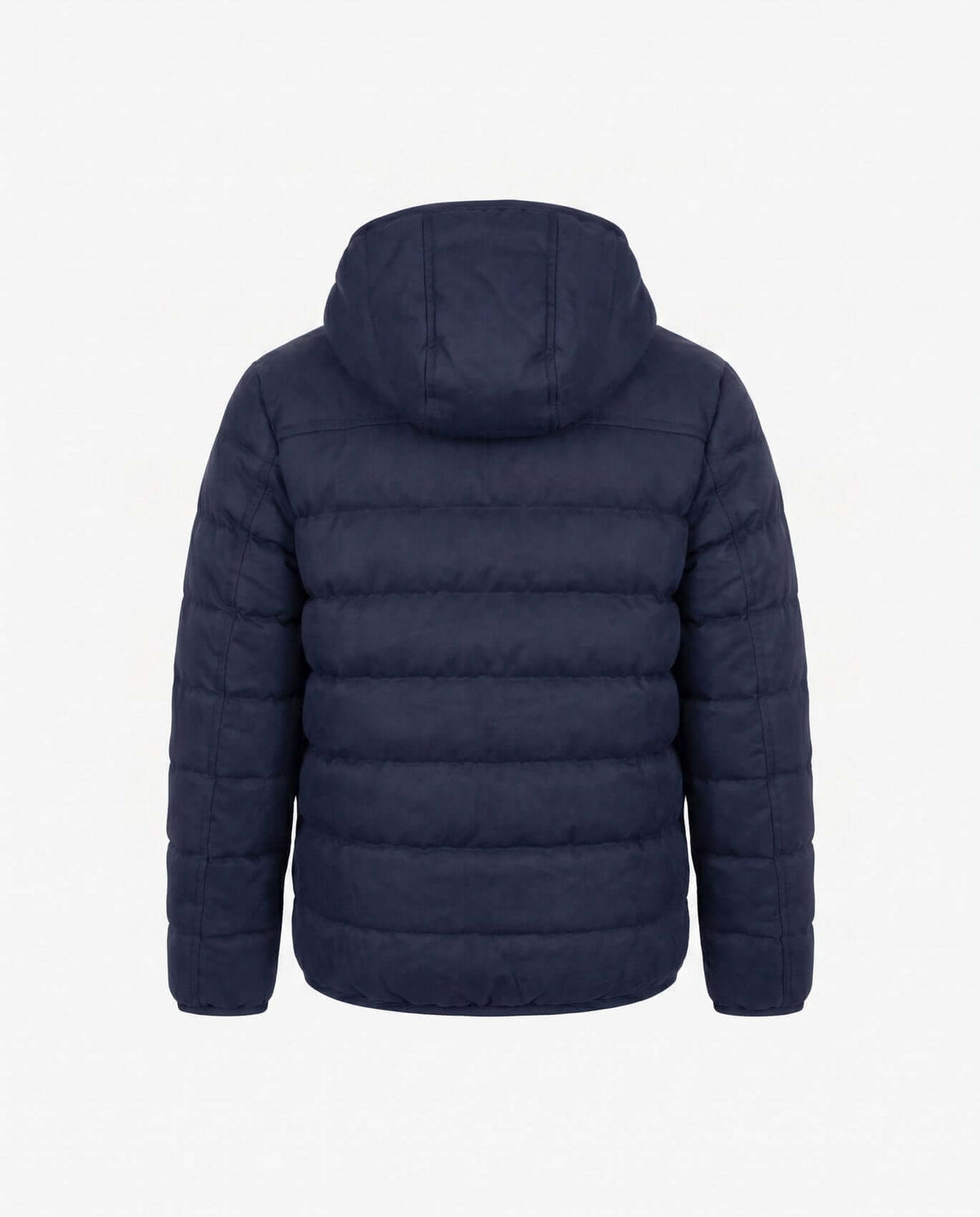 Back view of the Dark Navy Packable Lightweight Puffer jacket with a hood and quilted design.