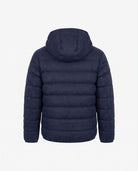 Back view of the Dark Navy Packable Lightweight Puffer jacket with a hood and quilted design.