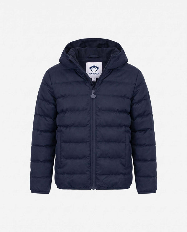 Dark Navy Packable Lightweight Puffer jacket by Appaman with full zip and hood for boys.