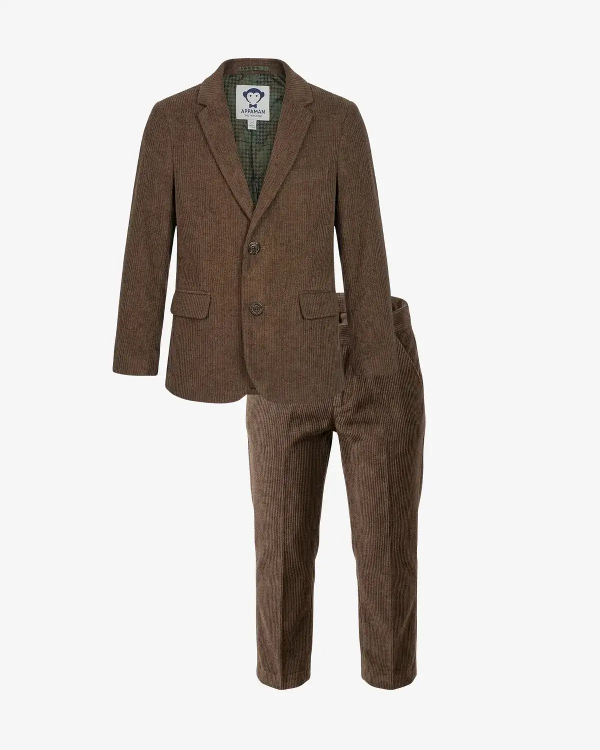 A men's two-piece suit in a textured brown fabric, featuring a single-breasted blazer with notch lapels and matching trousers, shown against a plain light gray background.