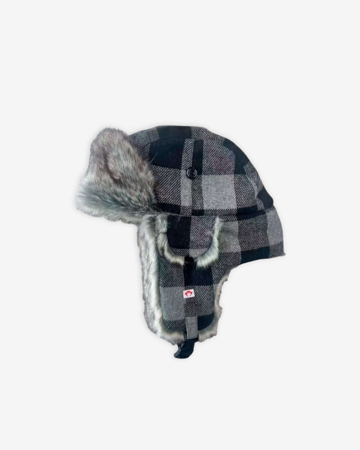 Light Grey Muscle Trapper hat featuring plaid design and faux fur lining for warmth and style.