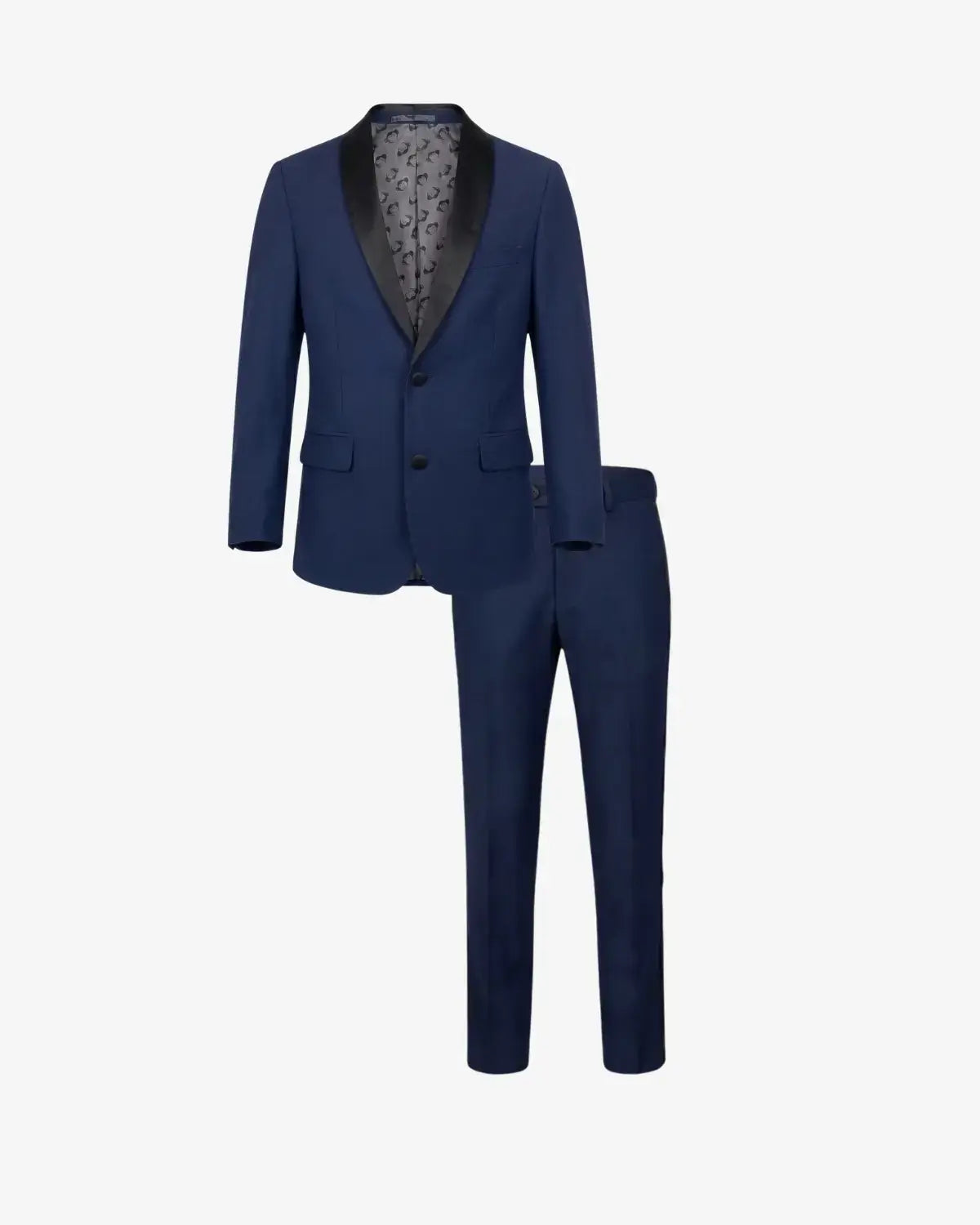 A men's two-piece suit featuring a navy blue blazer with black satin peak lapels and a patterned gray and black lining, paired with matching navy blue trousers, shown against a plain white background.