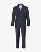 Navy Pinstripe Suit Set featuring a double-breasted jacket and wide leg pants for kids.