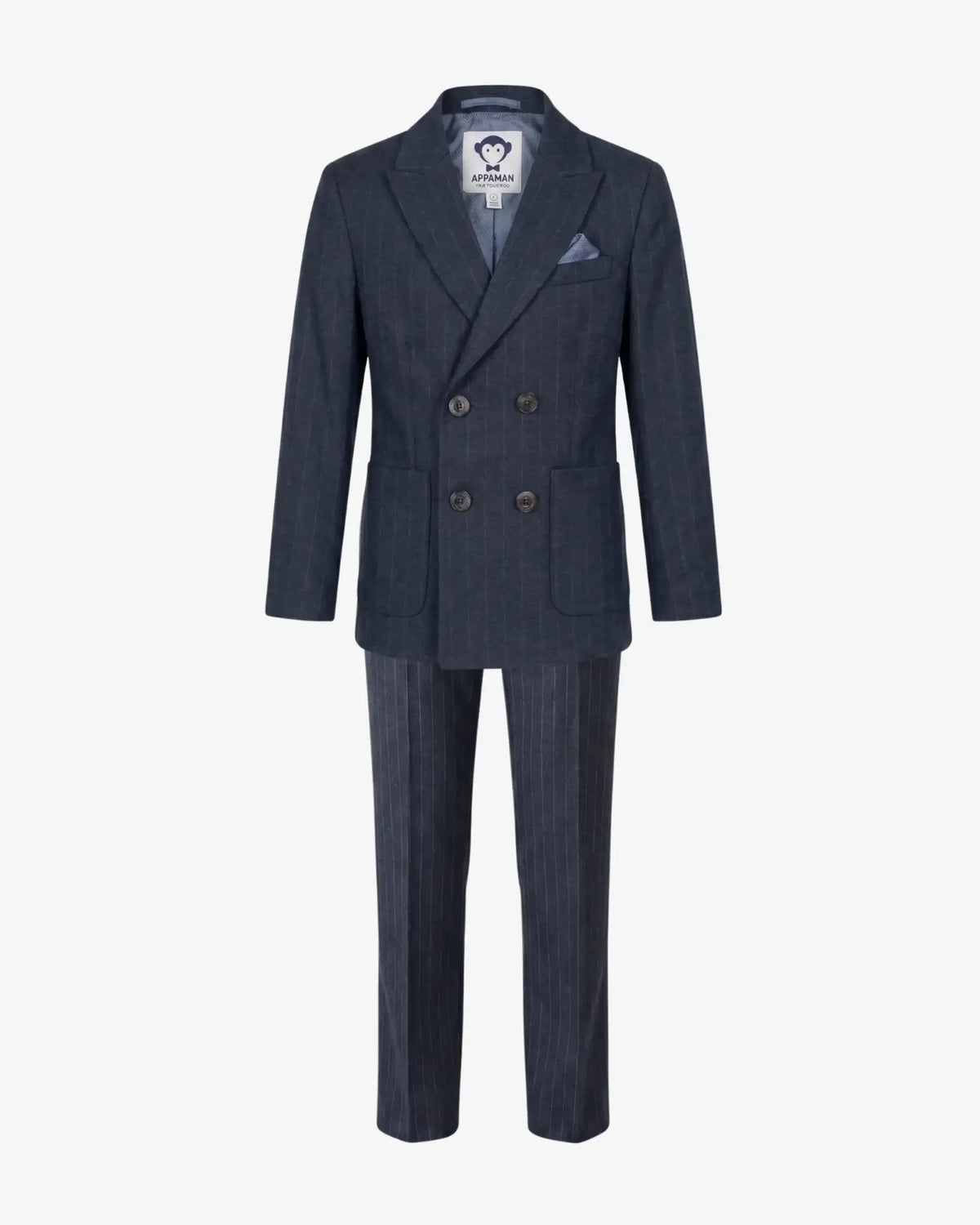 Navy Pinstripe Suit Set featuring a double-breasted jacket and wide leg pants for kids.
