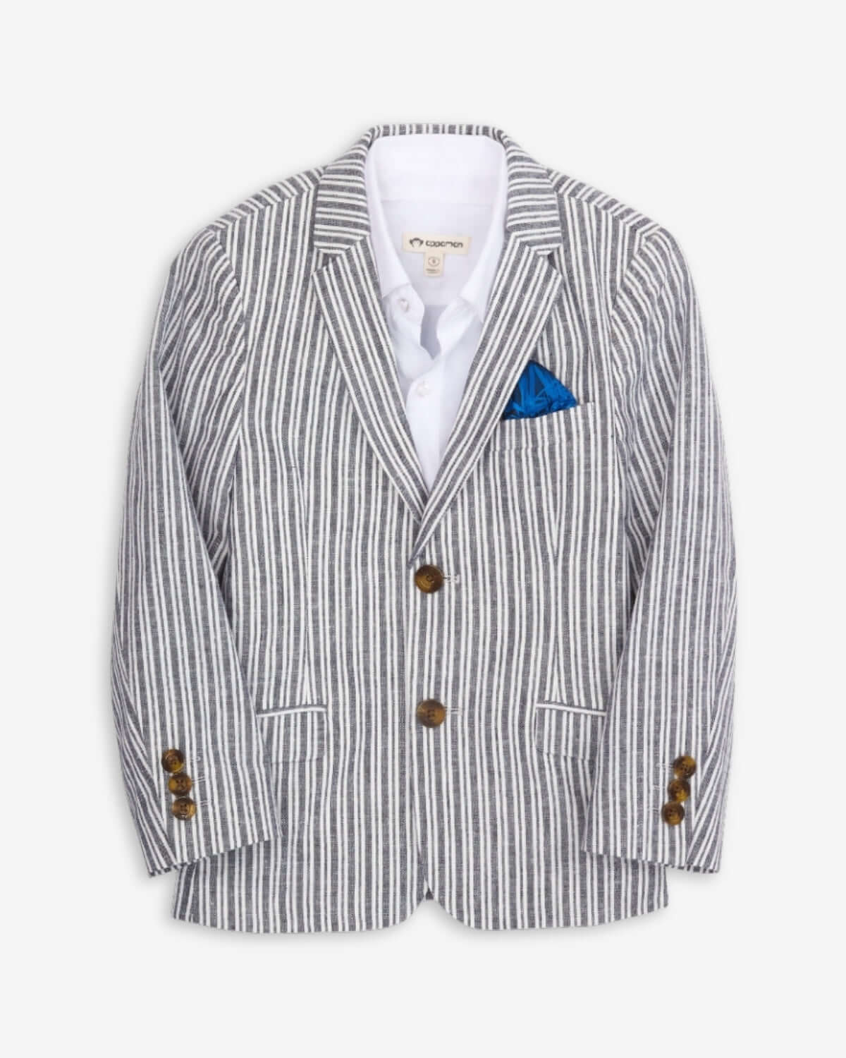 Navy Stripe Linen Sports Jacket with a blue pocket square and white shirt underneath, perfect for kids' stylish outfits.