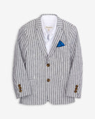 Navy Stripe Linen Sports Jacket with a blue pocket square and white shirt underneath, perfect for kids' stylish outfits.