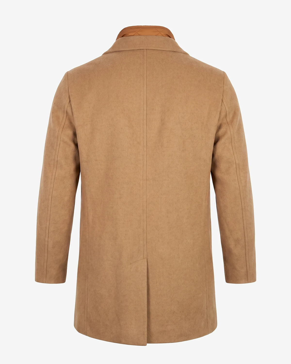A tan wool-blend blazer shown from the back, featuring a clean collar, long sleeves, and a straight silhouette against a light gray background.
