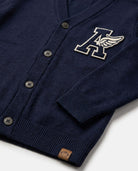 Navy Blue Obi Cardigan featuring an embroidered logo and plush knit for comfort and warmth.