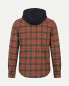 Back view of the Olive & Red Plaid Glen Hooded Shirt featuring cozy flannel and a stylish hood.