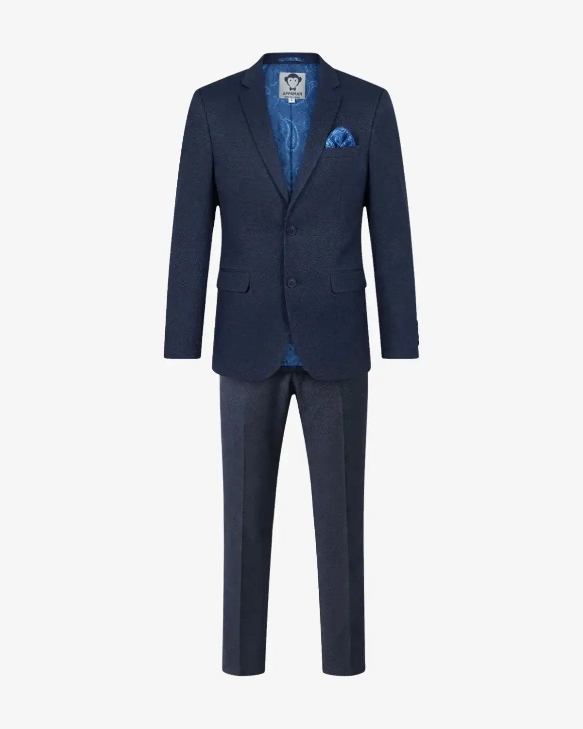 A men's two-piece suit in a textured navy blue fabric, featuring a single-breasted blazer with a notched lapel, matching navy trousers, a bright blue patterned shirt underneath, and a matching blue pocket square, displayed on a light gray background.