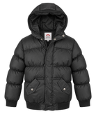 Appaman boys' black hooded puffer bomber jacket, front view.