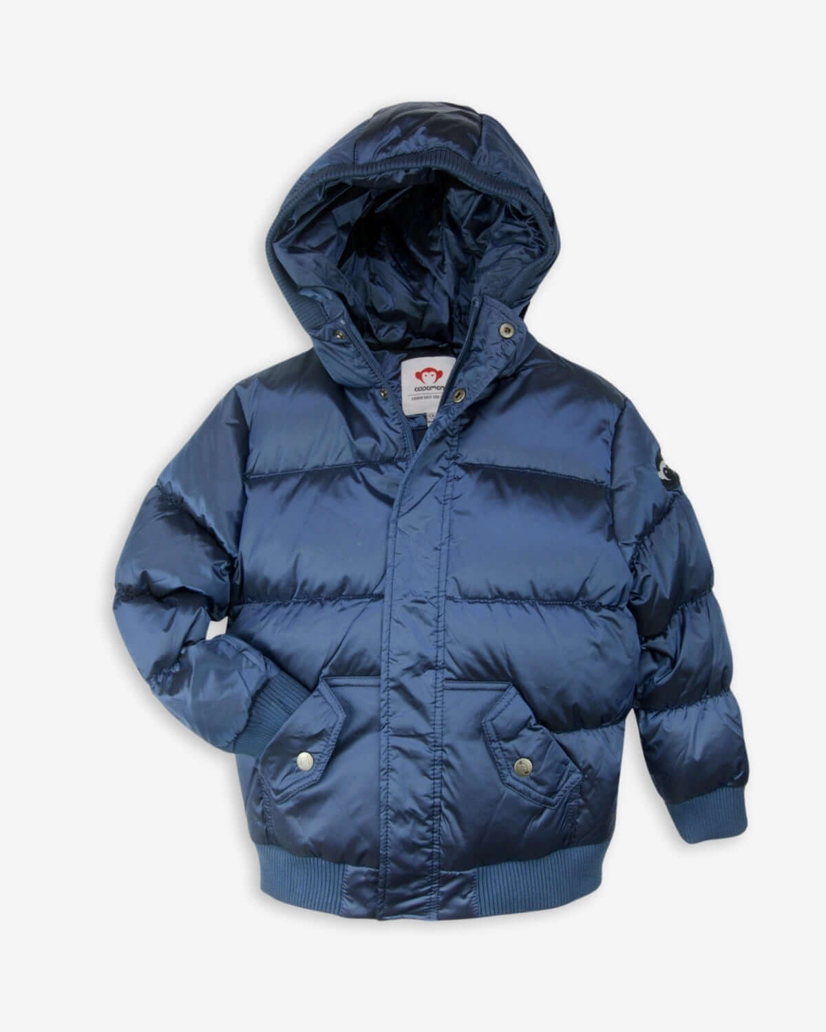 Kids Navy Blue Puffy Coat with hood, quilted design, perfect for winter warmth and style.