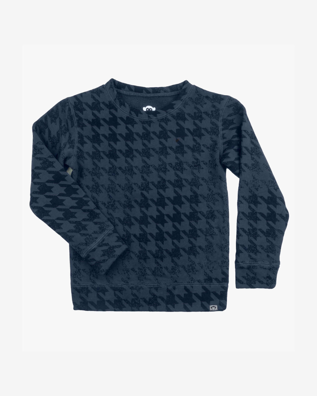 Blue Houndstooth Revel Crewneck in a bold blue houndstooth pattern, perfect for kids' cozy style.