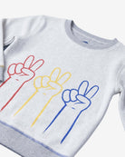 Heather Mist Revel Crewneck featuring colorful peace sign graphic on soft gray fabric.