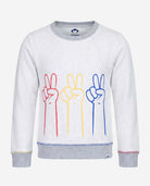 Heather Mist Revel Crewneck sweatshirt with colorful peace sign design for active kids, featuring fleece-lined comfort.