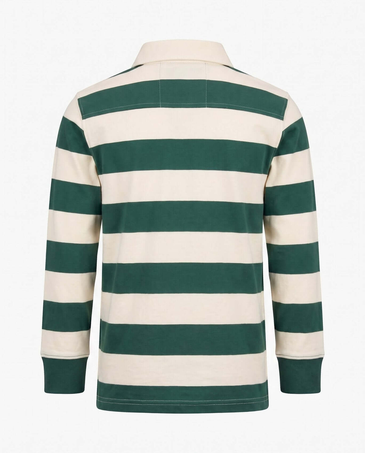 Back view of the Evergreen Stripe Rugby Shirt featuring green and cream stripes and long sleeves.