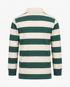Back view of the Evergreen Stripe Rugby Shirt featuring green and cream stripes and long sleeves.