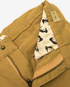 Inside view of British Khaki Skinny Twill Pants featuring playful panda lining and sturdy zipper details.