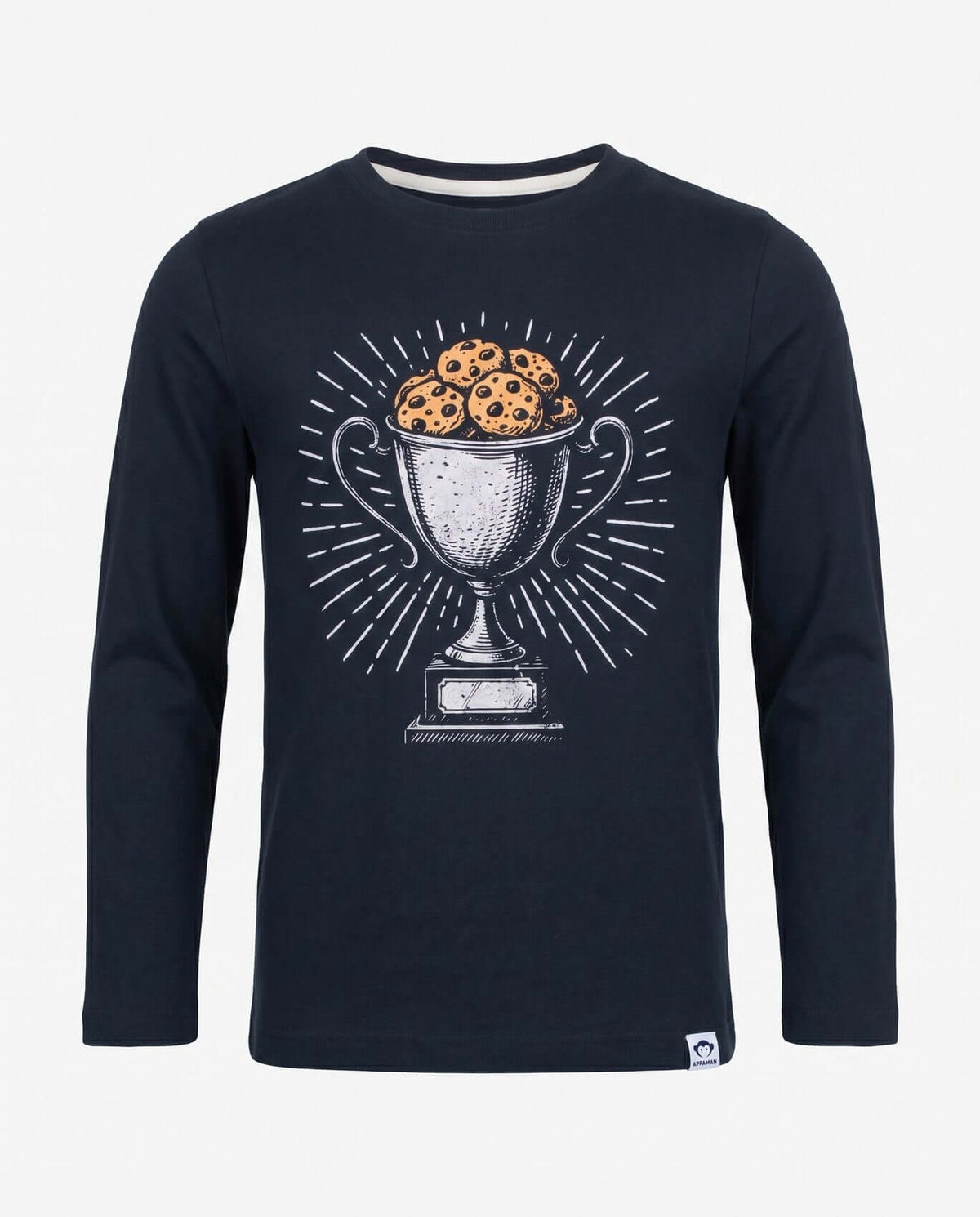Snack Champion Graphic Long Sleeve Tee in black with trophy and cookies graphic for active kids.