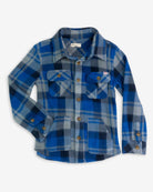 Blue/Taupe Plaid Snow Fleece Shirt showcasing a cozy design with blue and gray plaid pattern.