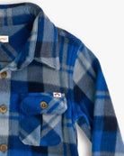 Blue/Taupe Plaid Snow Fleece Shirt featuring a button-up design and a cozy pocket, perfect for winter wear.