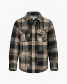 Appaman boys' tan plaid flannel shirt jacket, front view.