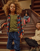 Kids wearing stylish outfits on stairs, featuring Cherry Blue Check Snow Fleece Shirt.