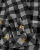 Close-up of the Grey/Black Check Snow Fleece Shirt showcasing the plaid pattern and button details.