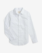 Electrifying Standard Button Down shirt in white with navy blue lightning bolt print, perfect for kids' trendy wardrobe.