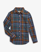 Lakeside Plaid Standard Button Down featuring a colorful plaid pattern in green, blue, red, yellow, and white.