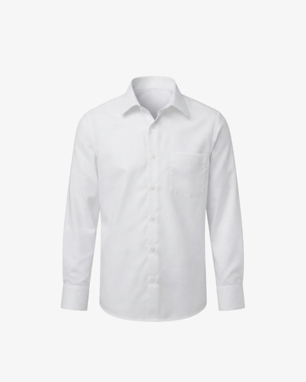A white long-sleeve button-down shirt with a classic collar and a single chest pocket, displayed on a clean, light gray background.
