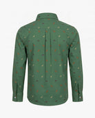 Back view of the Wildlife Standard Button Down Shirt in green with fun wildlife-inspired print for kids.