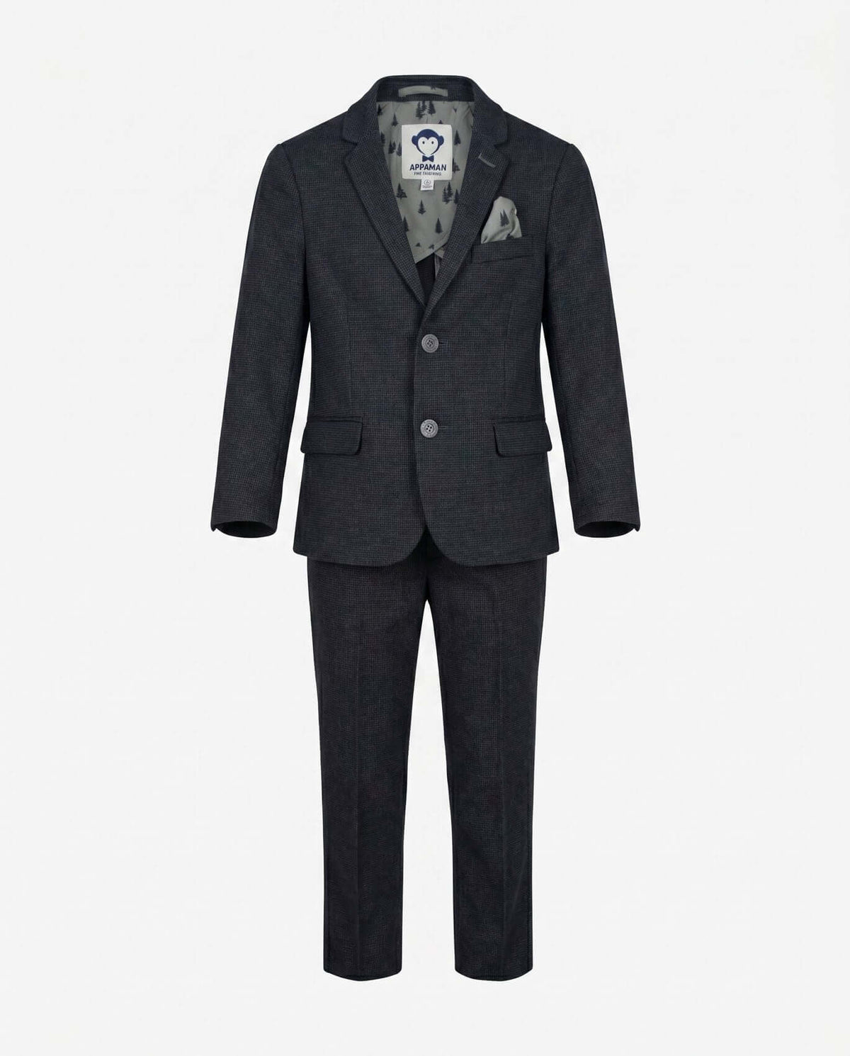Black Micro Houndstooth Stretchy Mod Suit for active boys, slim tailored design with notched lapels and two-button closure.