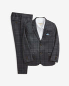 Gentleman's Plaid Stretchy Mod Suit featuring a grey blazer and matching trousers.